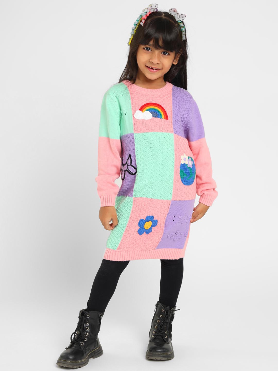 Color Patch Crocheted Cotton Sweater Dress