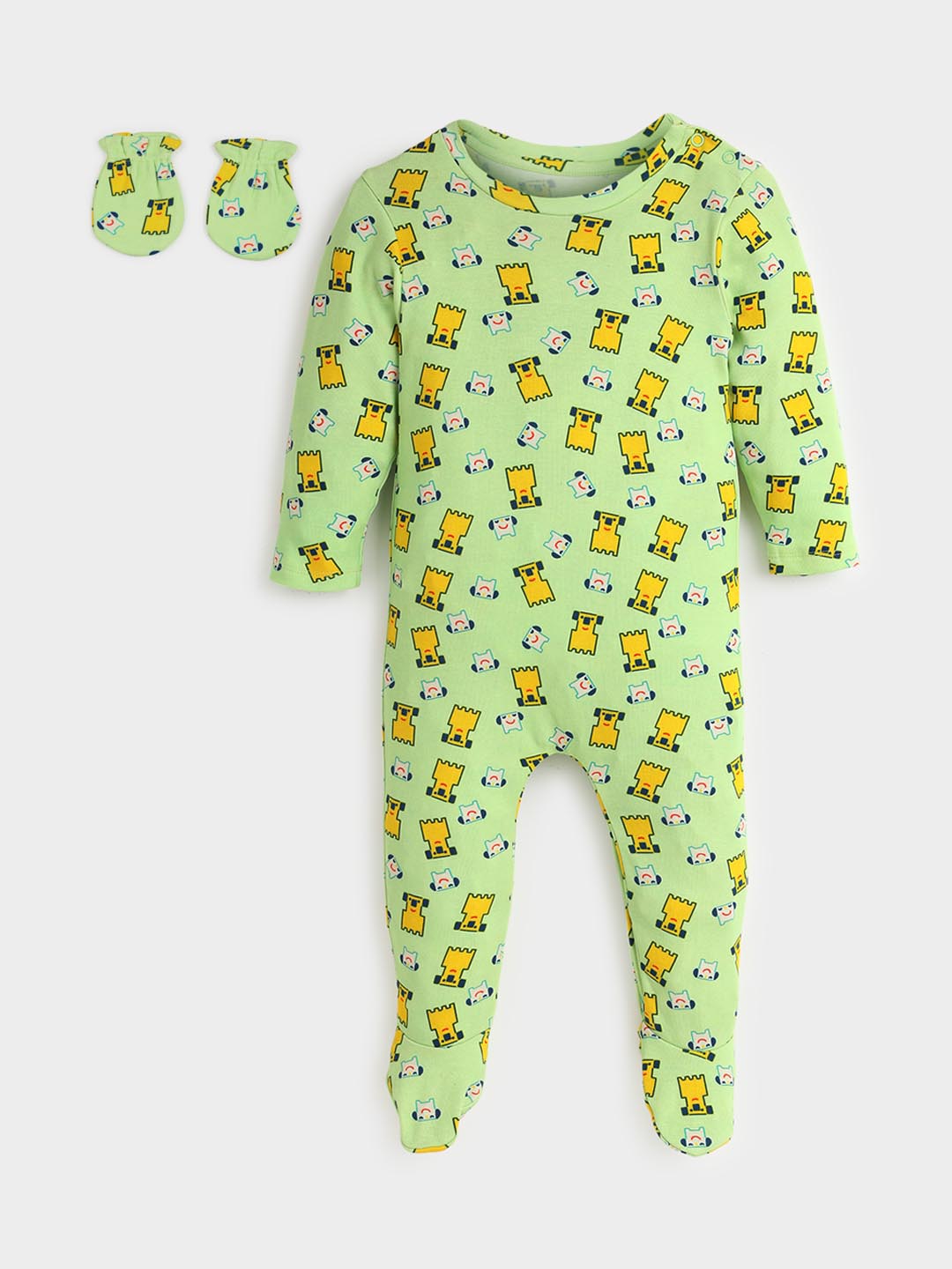 Pixel Dog Printed Cotton Sleepsuit with Mittens