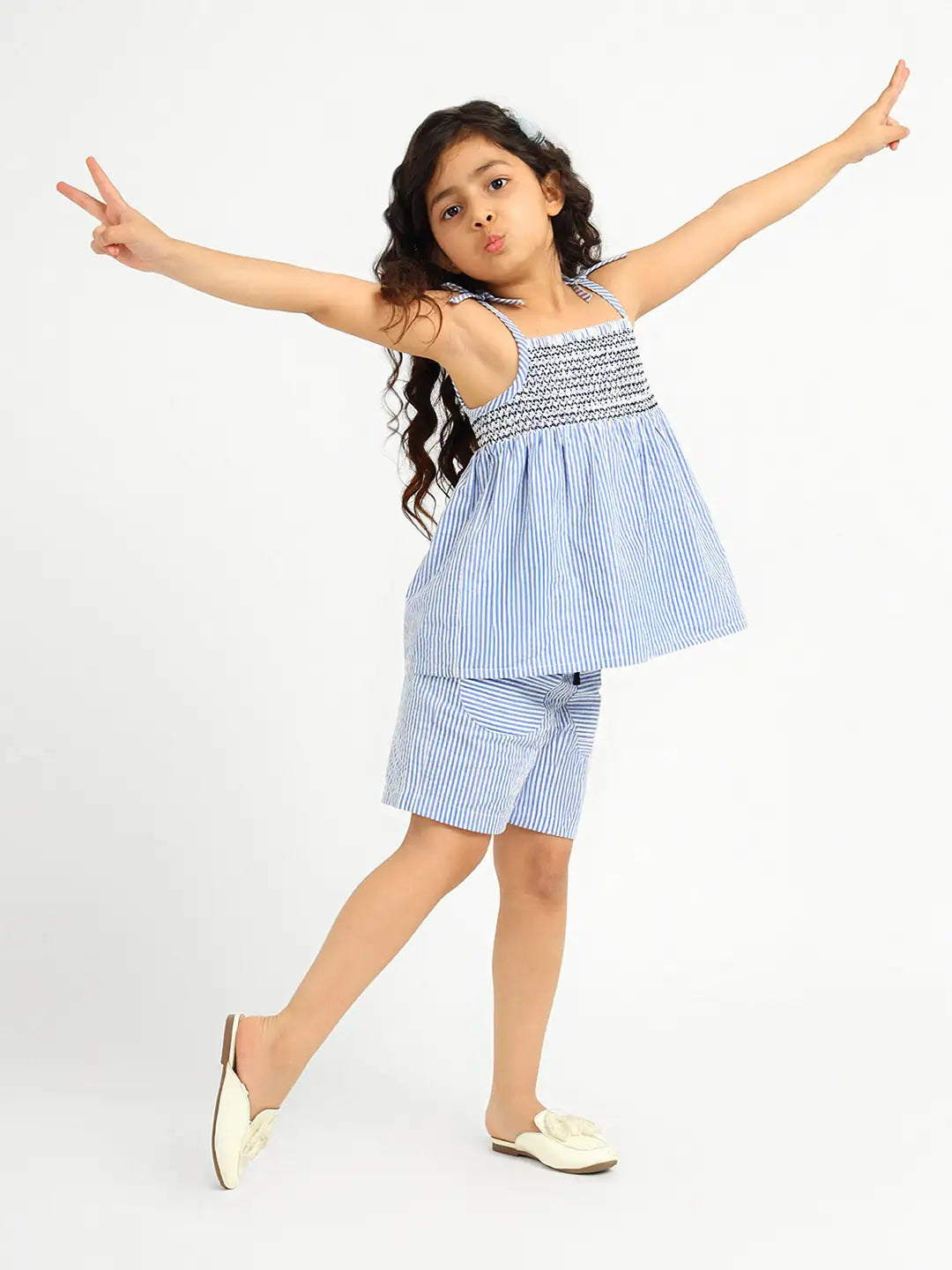 Sky Striped Cotton Smocked Top & Shorts Set