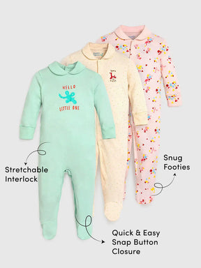 Hello Little One Footed Cotton Sleepsuit- Pack of 3