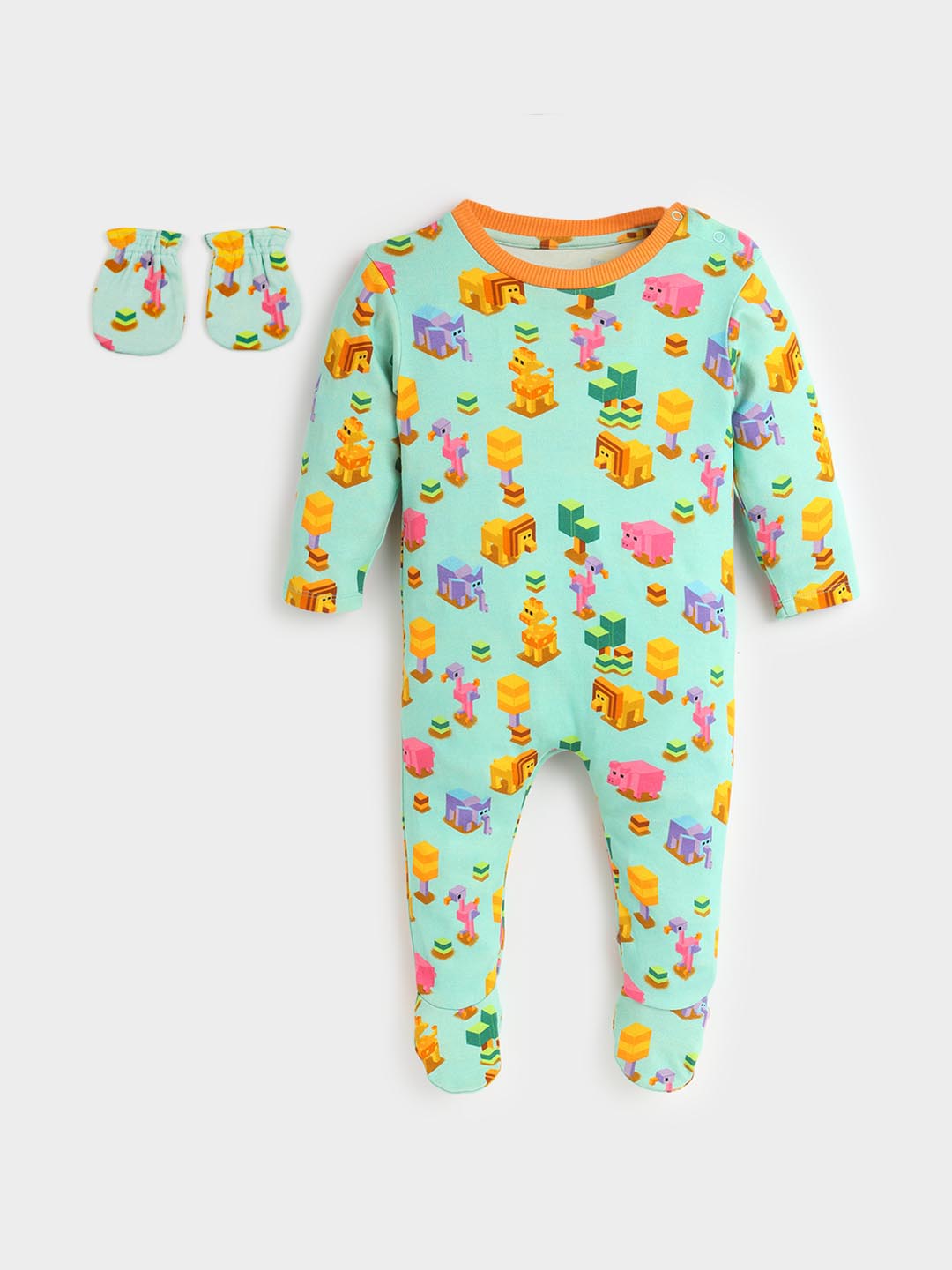 Pixel Jungle Cotton Sleepsuit with Mittens