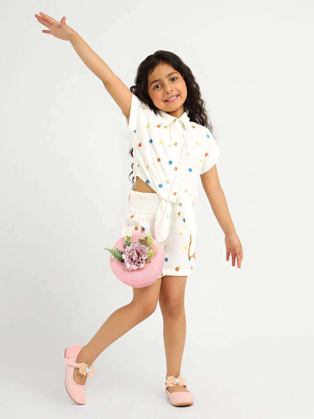 Floral Embroidered Cotton Tie Up Top & Shorts Set