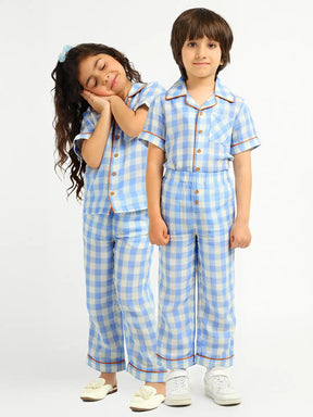 Ocean Gingham Cotton Shirt & Pants Pyjama Set