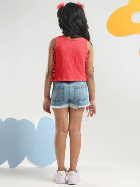 Playful Crinkled Cotton Top & Denim Shorts Set