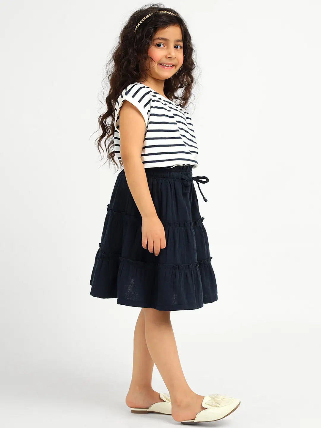 Deep Sea Striped Cotton Top & Tiered Skirt Set