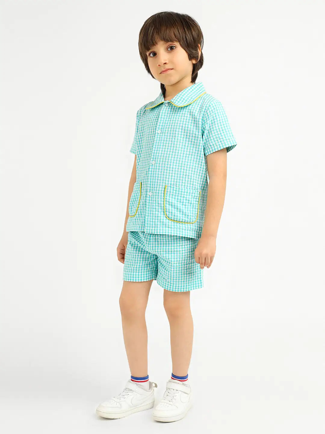 Mint Gingham Cotton Shirt & Shorts Pyjama Set