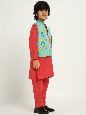 Red Hibiscus Kurta Set With Jacket