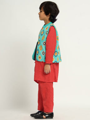 Red Hibiscus Kurta Set With Jacket