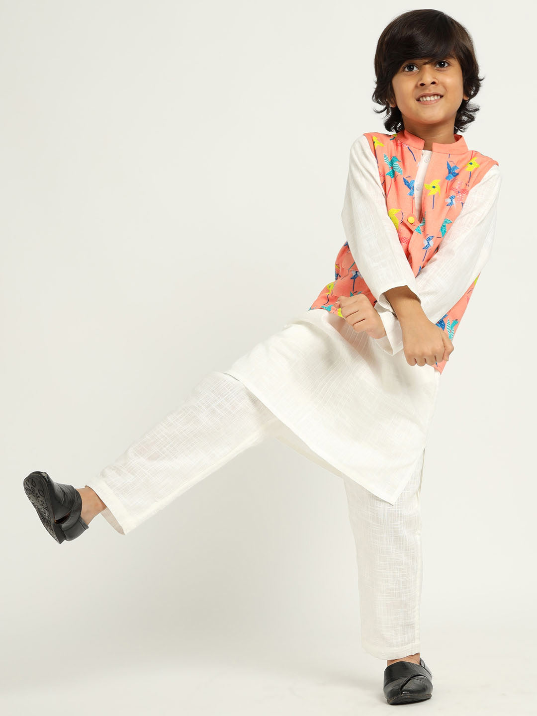 White Kurta Set With Windmill Jacket