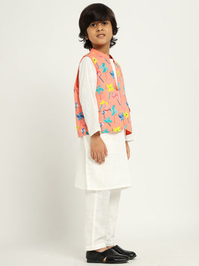 White Kurta Set With Windmill Jacket