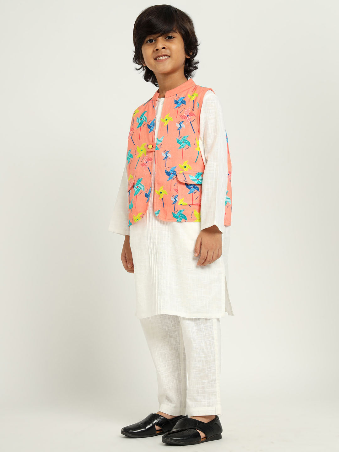 White Kurta Set With Windmill Jacket