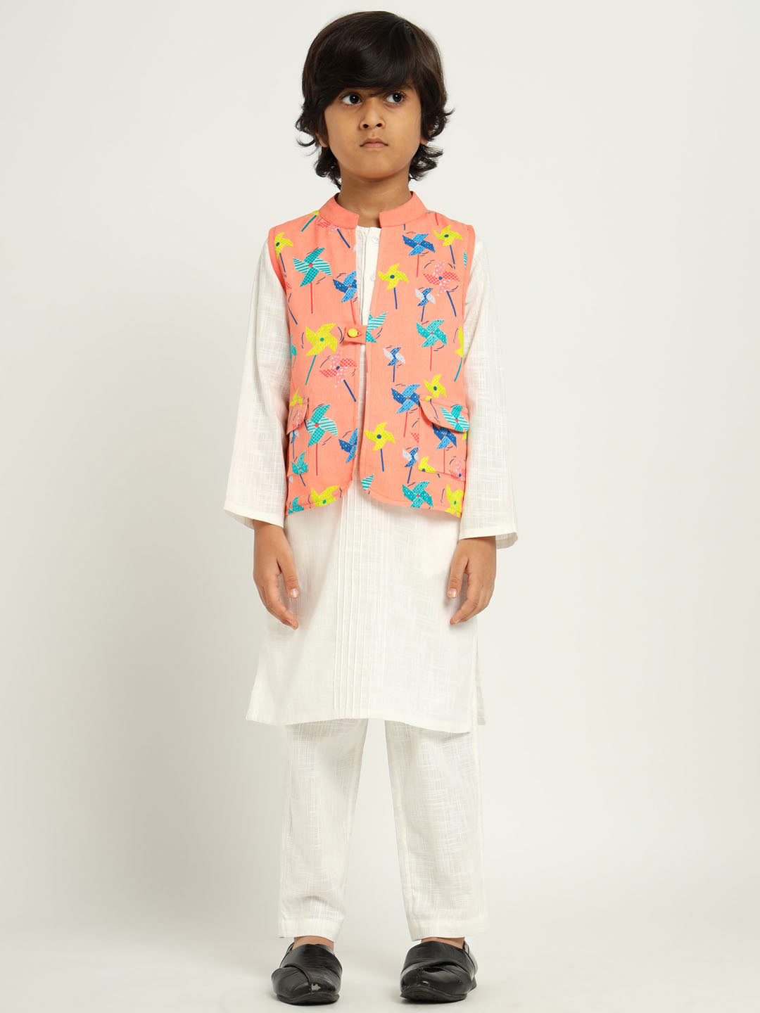 White Kurta Set With Windmill Jacket