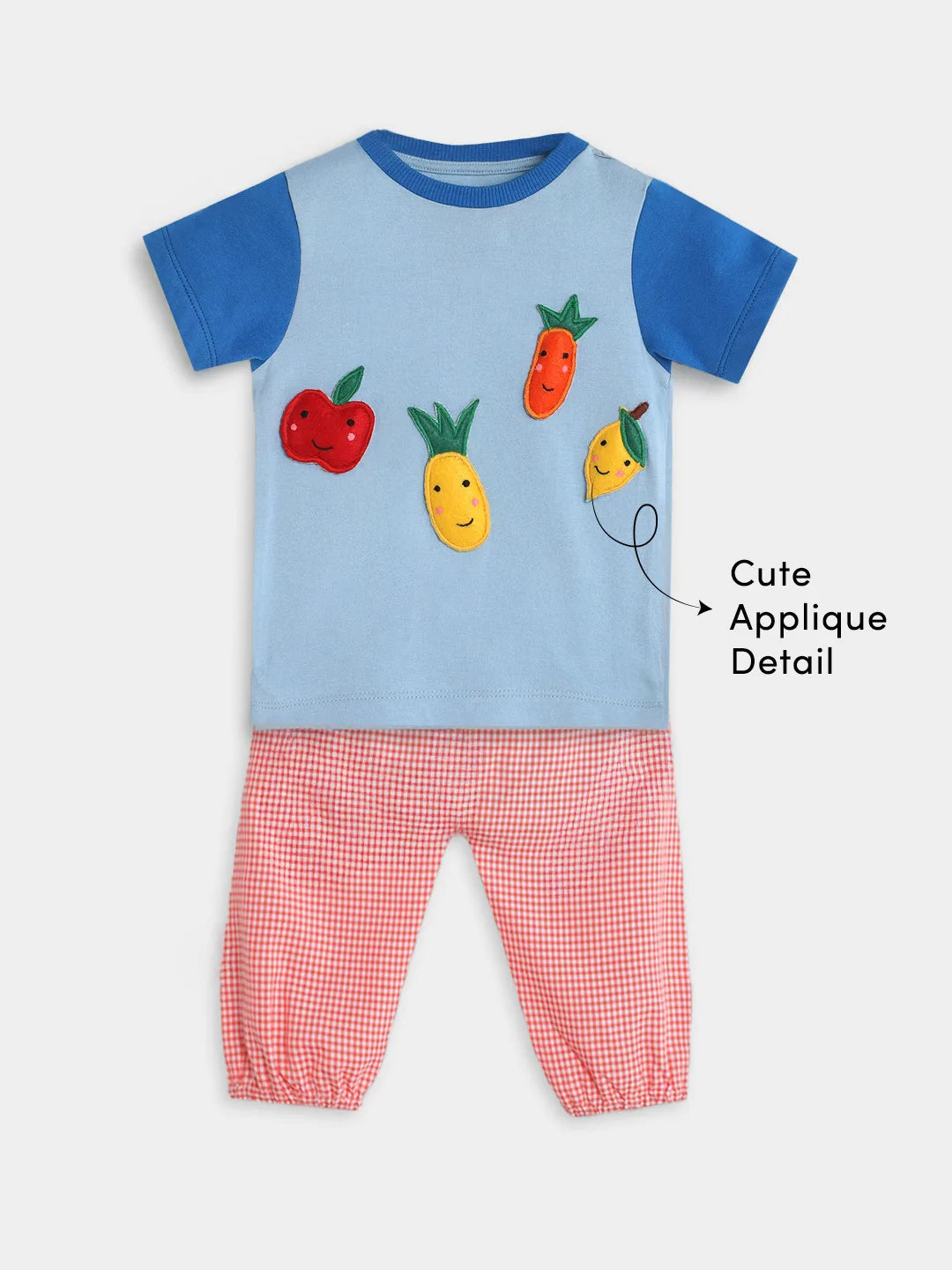 Fruity Embroidered Cotton Tee & Gingham Pants Set