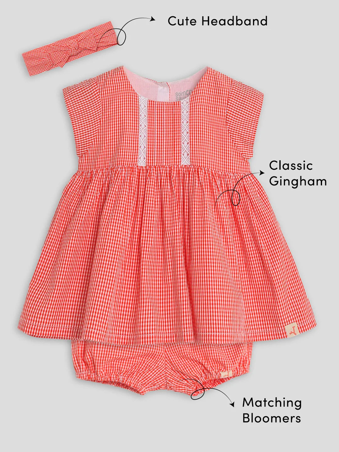 Classic Gingham Cotton A-Line Dress with Bloomers & Headband