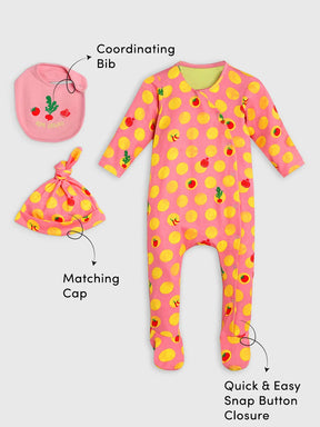 Home Grown Footed Cotton Sleepsuit with Cap & Bib- Pink