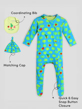 Home Grown Footed Cotton Sleepsuit with Cap & Bib- Blue